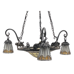  Art Nouveau style wrought metal ceiling light fitting, dome leaded glass central shade, three scroll branches decorated with roses, each with matching leaded glass shades, L60cm  
