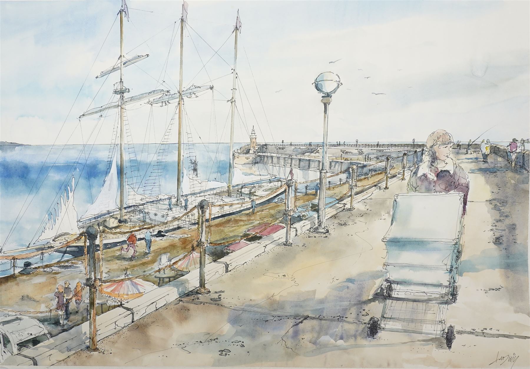 English School (20th Century): Folkestone Harbour, watercolour and ink signed Ludwig 39.5cm x 57cm (unframed)