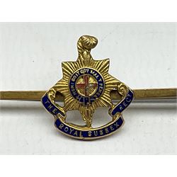 Royal Sussex Regiment 9ct gold sweetheart brooch with Regimental Association membership card to 6406670 Pte. Brock dated 1940; an 18ct gold pin badge enamelled with a shipping company (?) pennant; and an ARP button-hole badge (4)