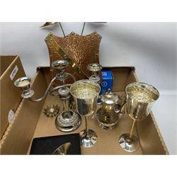 Boxed set of Banda carpet bowls, two boxed sets of Stuart glasses, Murano art glass bowl, cloisonné plate decorated with flowers upon gilt ground, silver plate and other metalware etc