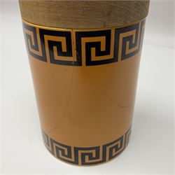 Four Portmeirion storage jars with Greek key pattern on an orange ground, together with Tams Ware tea service and other ceramics