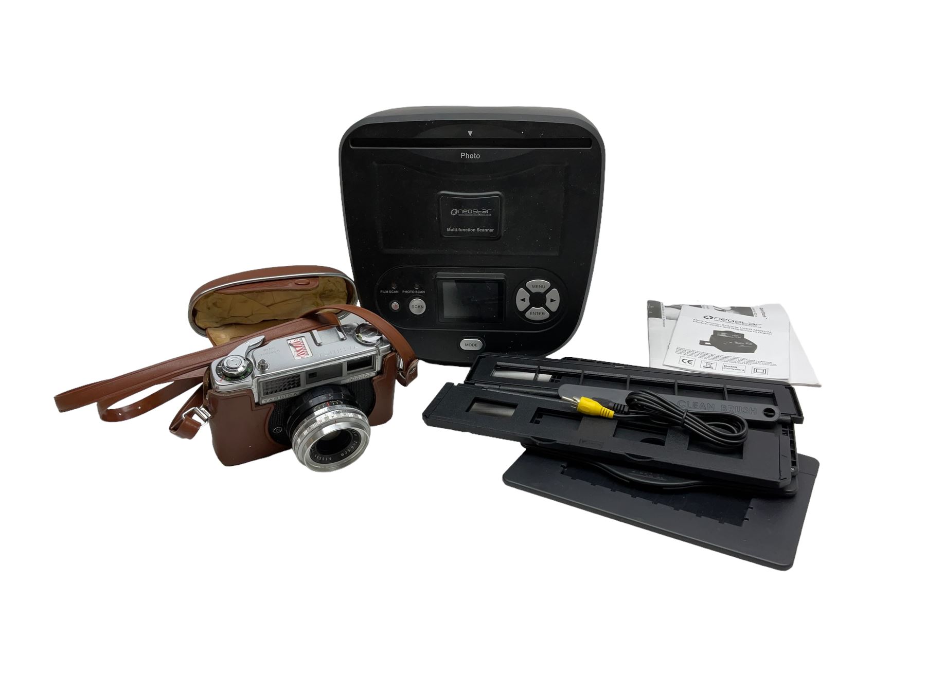 Neostar multifunction scanner together with Yashica Minister camera with Yashinon 1:2.8 f+4.5cm lens in case
