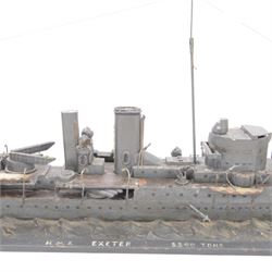  HMS Exeter, Waterline wartime metal model upon a wooden base, circa 1939-45, H24cm, L82cm  