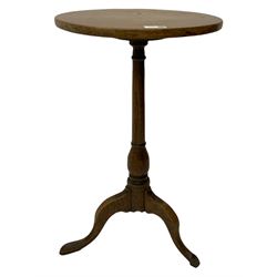 18th century and later oak pedestal tripod or wine table, circular figured top on turned column, on three splayed supports