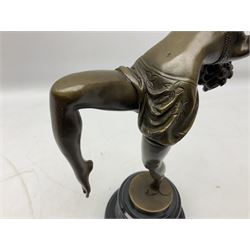  Art Deco style bronze figure of a female dancing with flame torches, raised upon marble socle base, signed F. Paris, H43cm