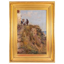 Frederick William Jackson (Staithes Group 1859-1918): Fisher Folk on the Cliff above Lady Palmer's Cottage Runswick, oil on canvas on canvas signed 90cm x 60cm