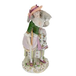 Sitzendorf figure modelled as a shepherdess, together with pair of apple sellers and other continental figures