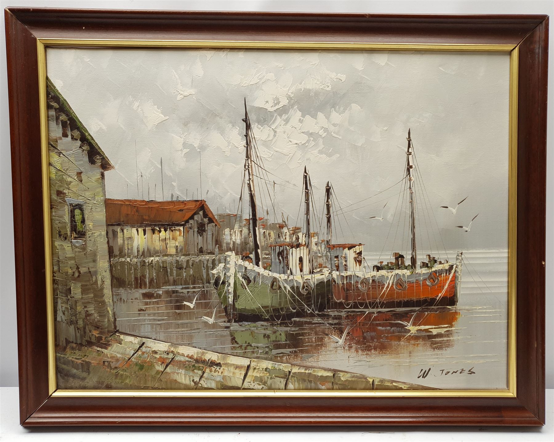 W Jones (20th century): Harbour Scene, oil on canvas signed 45cm x 60cm; I Cafieri: Landscape, oil on canvas signed 50cm x 60cm (2)