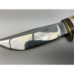 Graduated set of three Bowie knives by J. Nowill & Sons Sheffield England Est. AD1700, each with steel blade, brass cross-piece, antler grip and alloy pommel; largest blade 15.5cm and smallest 10cm; in matching leather sheaths (3)