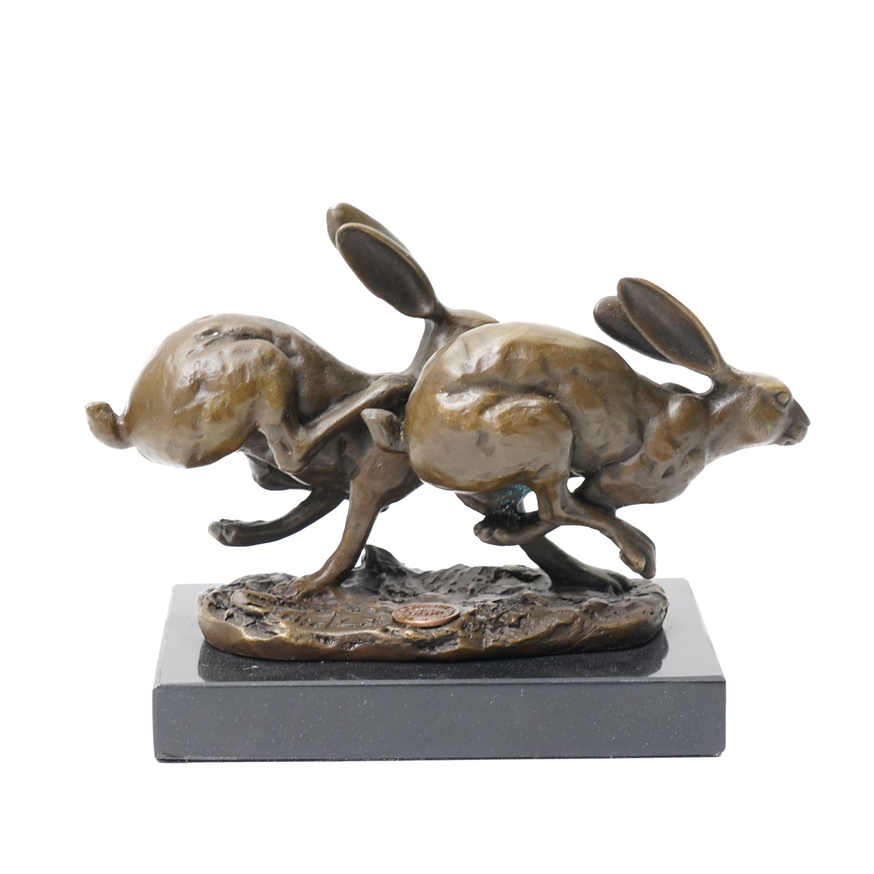 Bronze figure group, modelled as two hares in chase, after 'Nick', with foundry mark, upon a rectangular base, H11cm L15cm