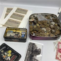Various fantasy / copy coins, pre-decimal pennies, small number of world banknotes, first day covers and other miscellaneous items