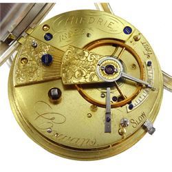 Victorian silver open face English lever fusee pocket watch by Cowans, Airdrie, No. 18235, balance cock with engraved flower decoration, engine turned silver dial with Roman numerals and subsidiary seconds dial, case by Robert Gravenor, Chester 1889