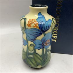 Moorcroft vase, of waisted form, decorated in the Cambrian Blue pattern by Kerry Goodwin, circa 2011, H14cm, with original box 