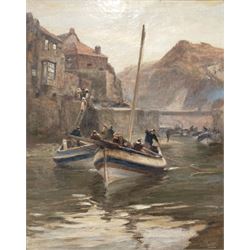 Robert Jobling (Staithes Group 1841-1923): 'Going Out on the Tide - The Beck Staithes', oil on canvas signed, titled on canvas with artist's address verso, also with Laing Art Gallery Newcastle exhibition labels 90cm x 70cm 