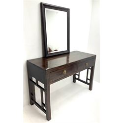 Hardwood console table, two drawers, square supports (W120cm, H80cm, D49cm) with mirror (W62cm, H82cm)