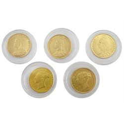 Five Victorian shield back half gold sovereigns dated 1866, 1878, 1887 and two1892 