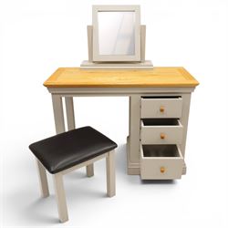 Modern bedroom suite comprising; a dresser, blanket box, bedside table, oak tops over a pale blue with wooden turned knobs

Dresser (H 77cm, D 48cm, W 107cm)
Blanket box (H 51cm, D 48cm W 91cm)
Bedside table (H 64cm, D 39cm, W 54cm)