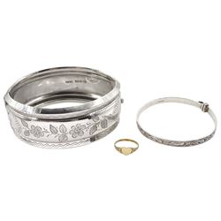 Victorian silver hinged bangle, with bright cut floral decoration by B H Joseph & Co (Barnet Henry Joseph), Chester 1876, silver christening bangle and small 9ct gold heart shaped ring
