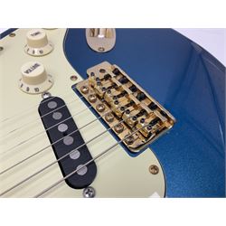 Fender Stratocaster style electric guitar in metallic blue with Rio Grande pick-ups and Fender back-plate L98cm; in Fender soft carrying case