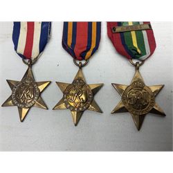 WW2 Canada Volunteer Service Medal 1939-45 with maple leaf clasp; and five WW2 Stars - Burma Star, Atlantic Star, Africa Star with 8th Army clasp, France and Germany Star and Pacific Star with Burma clasp; all with ribbons (6)