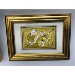 Jasur Orziev (20th century): Couple playing Sitar, miniature gouache signed; African School (20th century): Woman with Bowl on Head, sand on board signed CA together with another sand painting with hands on a globe inscribed Abaraka max 29cm x 23cm (3)