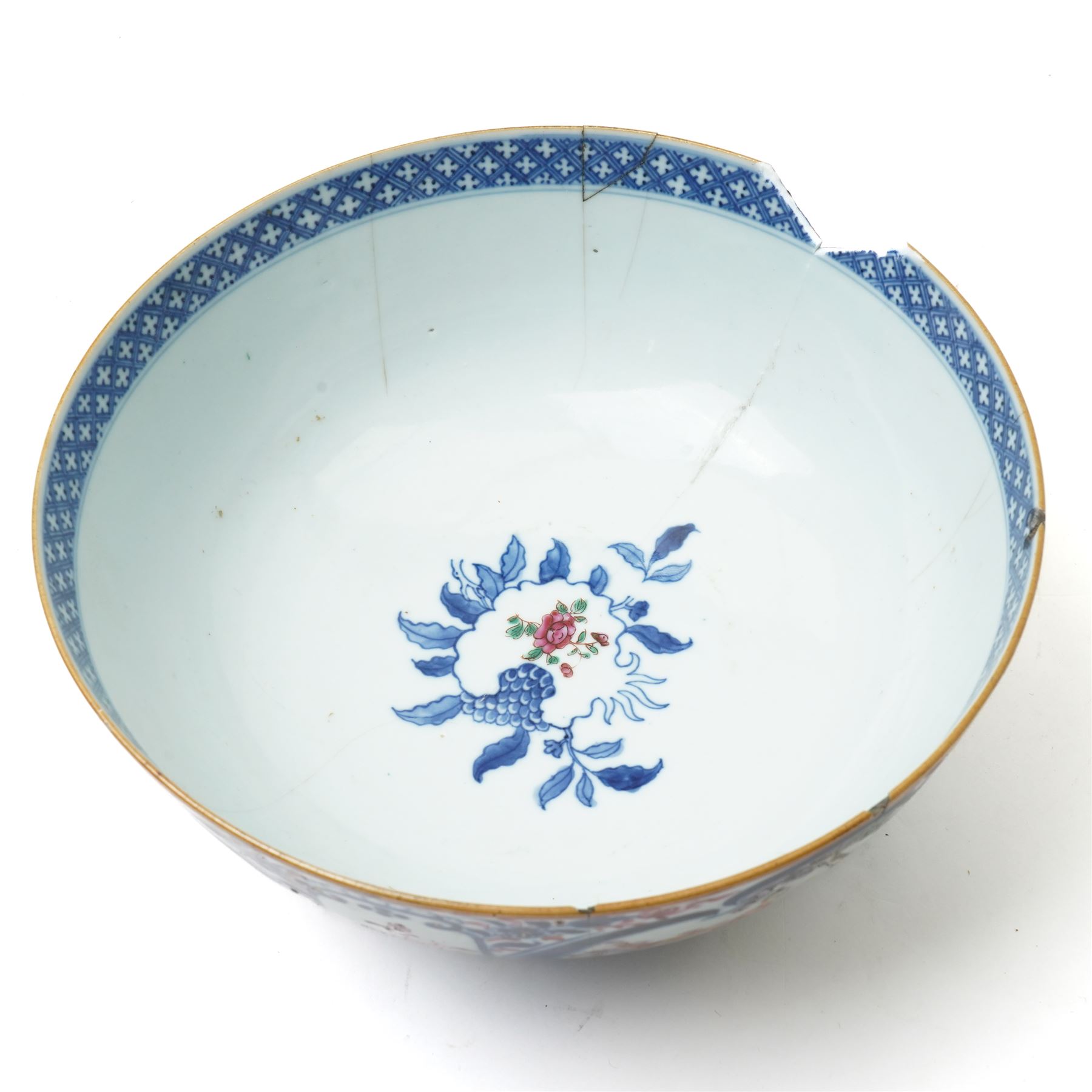 19th century Chinese famille rose punch bowl, decorated with panels of traditional scenes within blue decoration, D26cm 