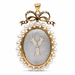 19th century French gold portrait miniature pendant / locket, set with an oval portrait on ivory of Yolande d'Albert, signed Cecile Villeuve, within a gold and rock crystal surround, surmounted by a paste set ribbon. This lot has been registered for sale under Section 10 of the APHA Ivory Act