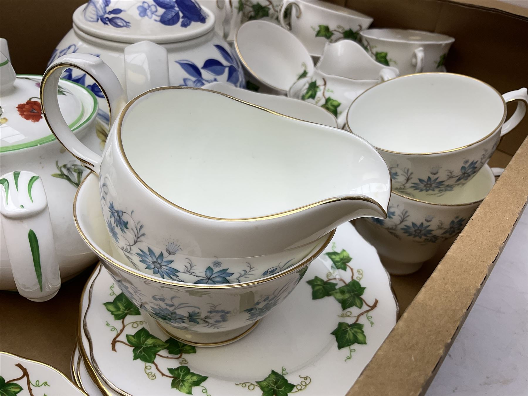 Quantity of teawares to include Coclough, Pearsons stoneware lidded twin handled pot, and other ceramics in two boxes