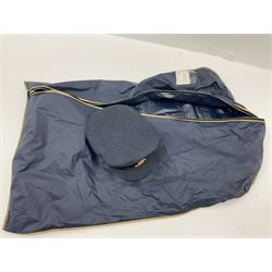 RAF Flight Lieutenant's uniform with peaked cap and WW2 ribbon bar; WW2 gas mask in blue canvas bag dated 1942; flying helmet date 1984; and British Army Major's uniform with Staybrite buttons and peaked cap
