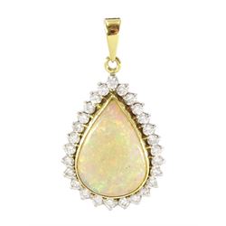 18ct gold pear cut opal and round brilliant cut diamond pendant, Sheffield 1992, opal approx 3.00 carat, total diamond weight approx 0.80 carat