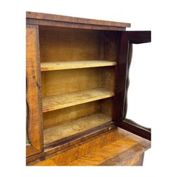 Late 19th century continental display cabinet, the upper section is glazed with twin doors with two upholster shelves, over a lower section with single draw above two glazed cupboard doors on shaped bracket feet
