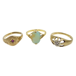 18ct gold single stone opal ring, gold single stone ruby ring and gold diamond ring, both hallmarked 9ct 