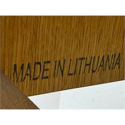 Laura Ashley - contemporary Milton oak console table, rectangular top over two drawers with pewter effect bow handles, on square legs supported by stretcher 