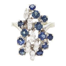 14ct white gold sapphire and diamond cluster ring, set with twelve single cut diamonds and...