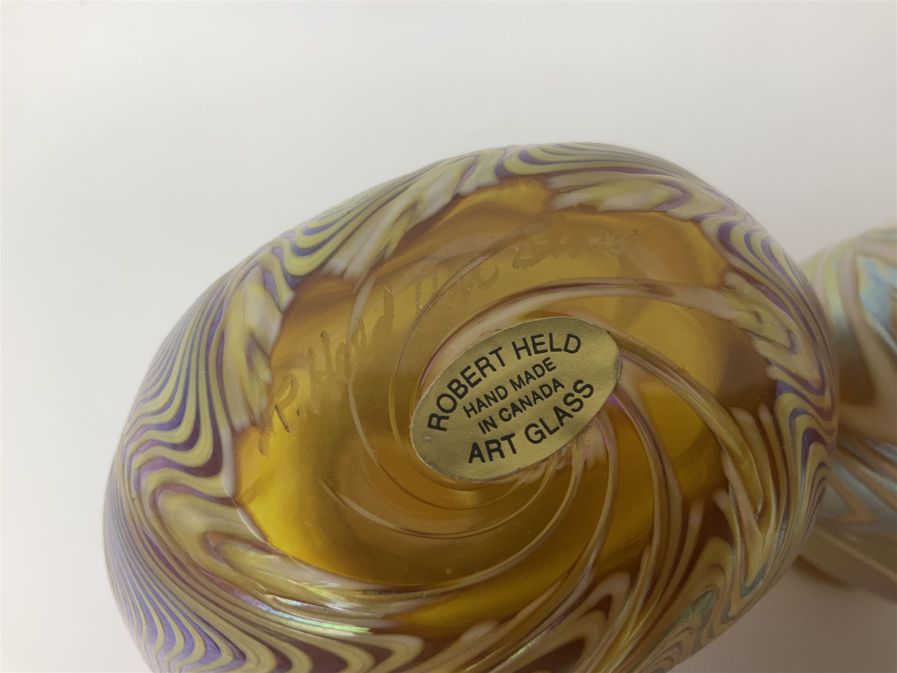 Two Robert Held glass vases, together with Adrian Sankey apple paperweight, vases H10cm 