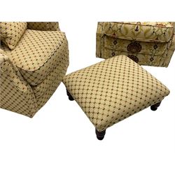 Vale Bridgecraft - Langfield standard armchair (W88cm), and gents armchair (W87cm), upholstered in Agra and Ottoman fabric, with square stool (63cm x 54cm) (3)