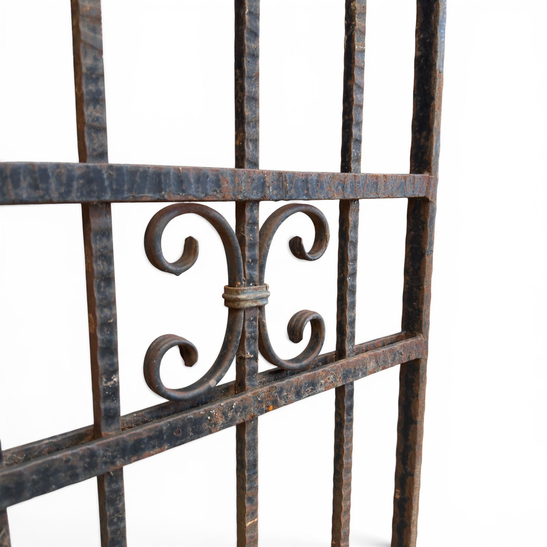 Victorian wrought iron vineyard gate, with ornate scrollwork and foliate acanthus leaf decoration, shaped cresting and central decorative panel, finished in rustic black painted finish