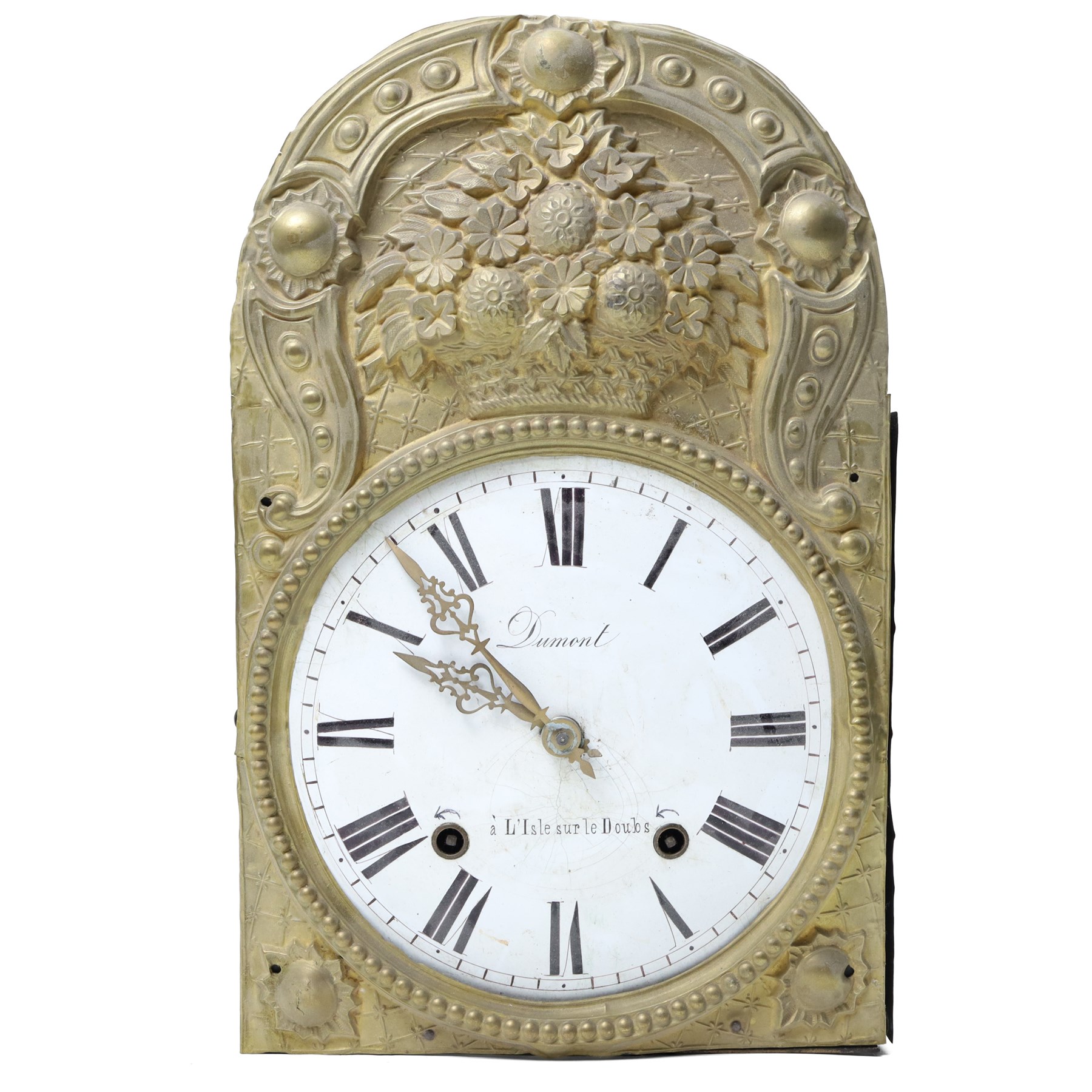 19th century French longcase clock movement, the white dial inscribed Dumont, a L'Isle sur les Doubs, gilt metal surround with bell strike and weights 45cm x 28cm