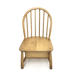 Ercol light elm and beech child's hoop back chair, single drawer storage, turned supports, W41cm