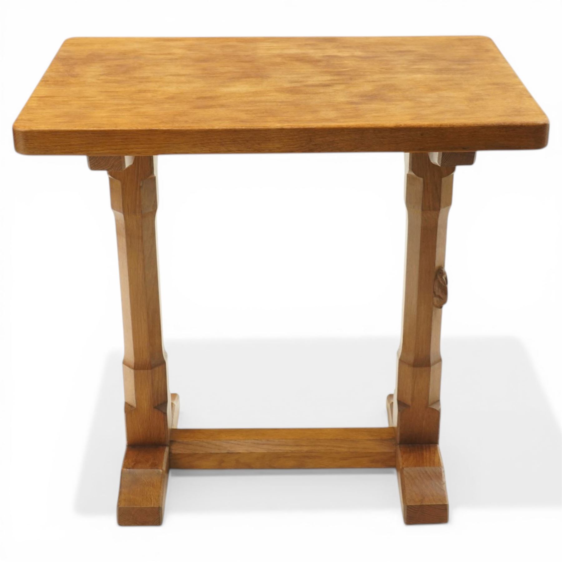 Rabbitman - oak side table, lightly adzed rectangular top, on a twin pillar base, with carved rabbit signature, by Peter Heap of Wetwang 