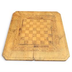 Late 19th century marquetry chess table, square top with canted corners inlaid with chessboard and geometric borders, turned pedestal column on three shaped downswept supports