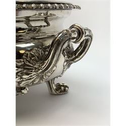 Matthew Boulton silver plated tureen and cover, the body of oval form with twin handles engraved with crest, probably for Whitgreave/Whitgrave family of Moseley Staffordshire, 'Regem Defendere Victum', (To defend the king even in his defeat/To defend the conquered king ), upon four paw feet, the cover with gadrooned rim and foliate loop handle 
