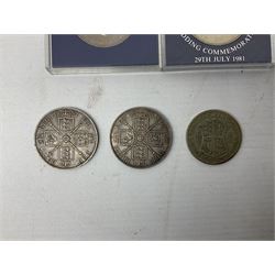 Great British and World coins including Queen Victoria 1887 and 1888 double florins, King George V 1929 halfcrown, King George VI 1951 Festival of Britain crown, commemorative crowns, Queen Elizabeth II 1953 nine coin set in blister pack, 1989 and 1995 two pound coins, various pre-decimal pennies and other coinage