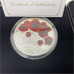 Six Queen Elizabeth II silver proof coins, comprising Government of Niue 2018 ‘The Flanders Remembrance Poppy’ two dollars, Solomon Islands 2020 ‘80th Anniversary of the Battle of Britain’ five dollars, Alderney 2019 ‘The 75th Anniversary of D-Day’ five pound, Alderney 2019 ‘Remembrance Day’ five pound, Bailiwick of Jersey ‘Prince Philip 70 Years of Service’ five pound, Pobjoy Mint Gibraltar 2020 ‘Penny Black’ fifty pence coin, with further Pobjoy Mint Gibraltar 2020 proof sterling silver piedfort ‘Penny Black’ fifty pence coin, all boxed with certificates