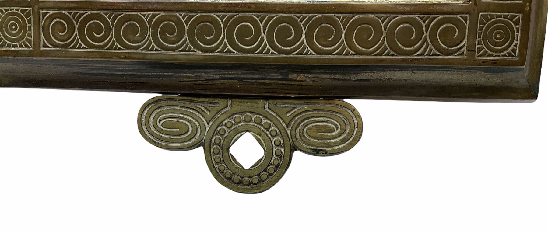 Victorian mirror, the rectangular bevelled glass plate within a bronze frame surmounted by a flaming urn representing undying memory, with Victorian registration lozenge verso, H65cm L29.5cm