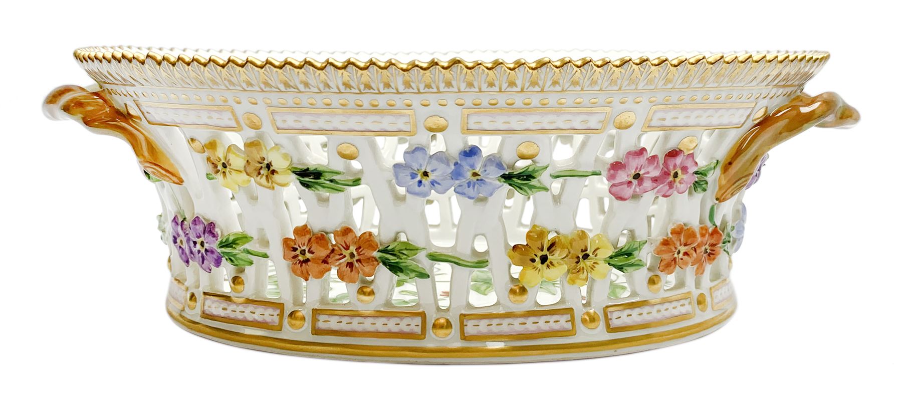 Royal Copenhagen Flora Danica basket, with naturalistically modelled vine handles and reticulated sides detailed with polychrome forget-me-nots, the interior decorated with a botanical study of 'Anagallis arvensis', sprigs and a gilt border, with printed and painted marks beneath, H8cm L26cm 

