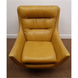  1970's Parker Knoll 'statesman' style vintage retro swivel armchair on teak five point, upholstered in mustard faux leather  