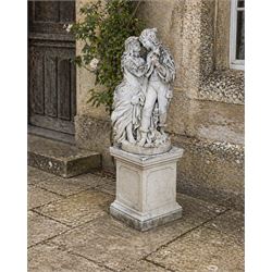 Romeo & Juliet ornate cast stone garden figure, raised on square plinth base