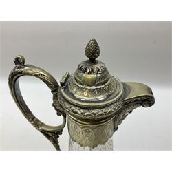 Victorian silver plate mounted cut glass claret jug, the tapering body with hobnail cut and etched floral decoration and star cut base, the mount with mask spout, together with silver plated food warmer with twin handles and domed revolving lid opening to reveal a lift out pierced tray, stamped Goldsmiths Company beneath, together with hobnail cut and etched glass claret jug with floral decoration, pair of ornate silver plated candlesticks and desk stand with glass inkwell, claret jug H30cm