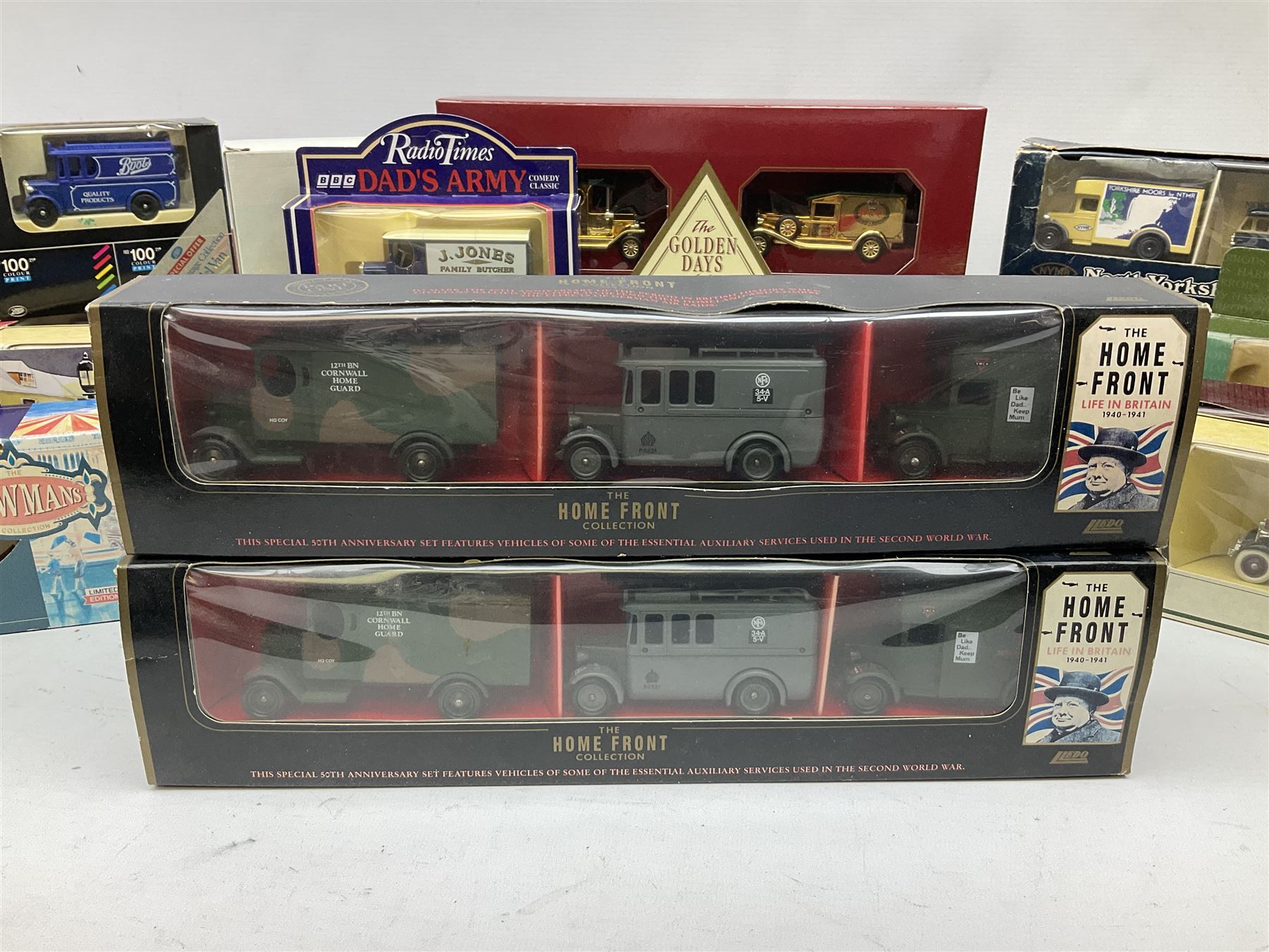 Collection of Diecast model vehicles, including Lledo The Golden Days of the Film Industry limited edition set, Lledo H Samuel boxed vehicle, and other similar examples 